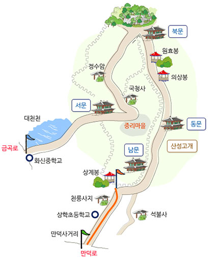 만덕사거리에서 출발 상학초등학교, 천룡사지, 상계봉까지의 2시간 30분 소요되는 등산 코스