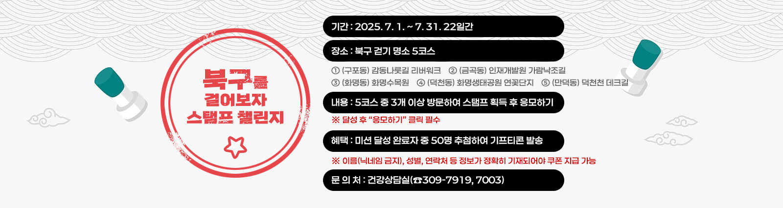 북구를 걸어보자 스탬프 챌린지, 기간 : 2025. 7. 1. ~ 7. 31. ▸22일간, 장소 : 북구 걷기 명소 5코스① (구포동) 감동나룻길 리버워크② (금곡동) 인재개발원 가람낙조길③ (화명동) 화명수목원④ (덕천동) 화명생태공원 연꽃단지⑤ (만덕동) 덕천천 데크길, 내용 : 5코스 중 3개 이상 방문하여 스탬프 획득 후 응모하기, 혜택 : 미션 달성 완료자 중 50명 추첨하여 기프티콘 발송, 문 의 처 : 건강상담실(☎309-7919, 7003)