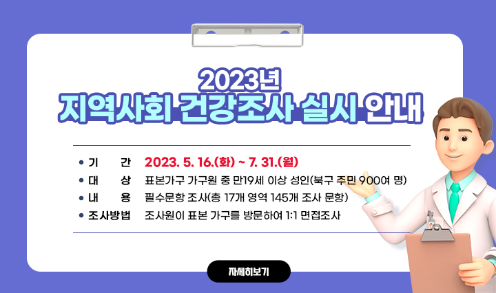 2023년 지역사회 건강조사 실시 안내/○ 기    간: 2023. 5. 16.(화) ~ 7. 31.(월)○ 대    상: 표본가구 가구원 중 만19세 이상 성인(북구 주민 900여 명) ○ 내    용: 필수문항 조사(총 17개 영역 145개 조사 문항) ○ 조사방법: 조사원이 표본 가구를 방문하여 1:1 면접조사 자세히보기