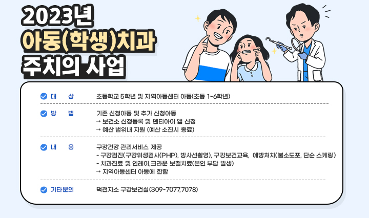 2023년 아동(학생)치과 주치의 사업 /  ○ 대     상: 초등학교 5학년 및 지역아동센터 아동(초등 1~6학년)  ○ 방     법: 기존 신청아동 및 추가 신청아동➲ 보건소 신청등록 및 덴티아이 앱 신청➲ 예산 범위내 지원(예산 소진시 종료)○ 내     용: 구강건강 관리서비스 제공- 구강검진(구강위생검사(PHP), 방사선촬영), 구강보건교육, 예방처치(불소도포, 단순 스케링)- 치과진료 및 인레이,크라운 보철치료(본인 부담 발생)➲ 지역아동센터 아동에 한함 ※ 기타 문의: 덕천지소 구강보건실(309-7077,7078)