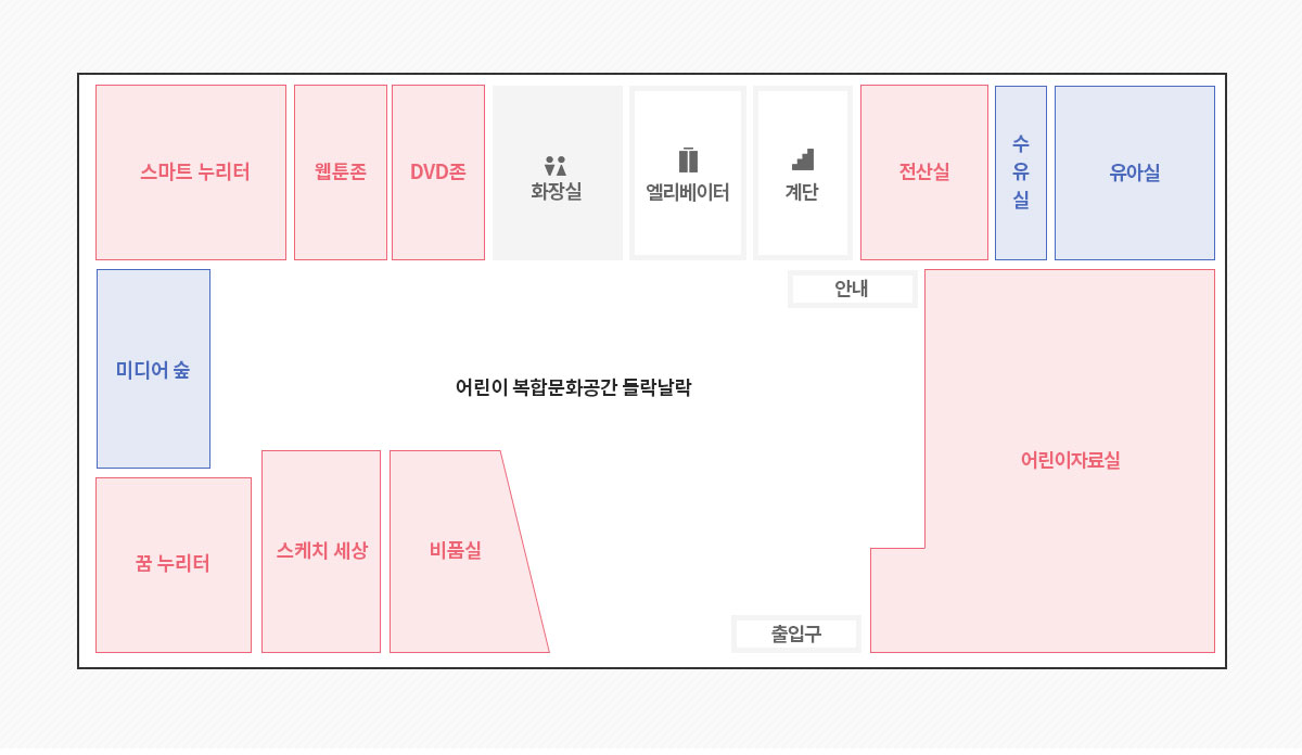 제1강좌실, 정기간행물실(웹툰존), 화장실, 엘리베이터, 계단, 전산실, 수유실, 유아실, 어린이자료실, 안내, 출입구, 창고, 동아리실, 제2강좌실, vr실이 있는 1층 도면