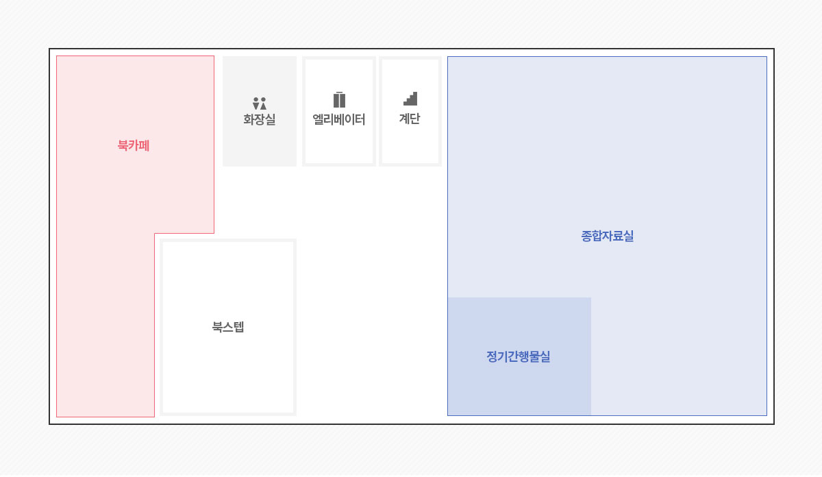 북카페, 화장실, 엘리베이터, 계단, 종합자료실, 북스텝이 있는 2층 도면