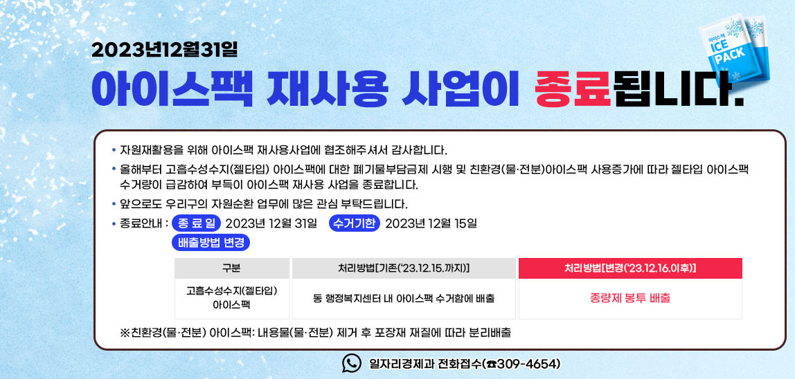 2023년12월31일  「아이스팩 재사용 사업이 종료됩니다.」
                             ▣ 자원재활용을 위해 아이스팩 재사용사업에 협조해주셔서 감사합니다.
                             ▣ 올해부터 고흡수성수지(젤타입) 아이스팩에 대한 폐기물부담금제 시행 및 친환경(물·전분)아이스팩 사용증가에 따라 젤타입 아이스팩 수거량이 급감하여 부득이 아이스팩 재사용 사업을 종료합니다.
                             ▣ 앞으로도 우리구의 자원순환 업무에 많은 관심 부탁드립니다.
                             ▣ 종료안내 - 종 료 일: 2023년 12월 31일 - 수거기한: 2023년 12월 15일 - 배출방법 변경/고흡수성수지(젤타입) 아이스팩-기존(‘23.12.15.까지) 동 행정복지센터 내 아이스팩 수거함에 배출/변경(‘23.12.16.이후)-종량제 봉투 배출/※친환경(물·전분) 아이스팩: 내용물(물·전분) 제거 후 포장재 재질에 따라 분리배출
                            ▣ 문의 : 북구청 자원순환과 ☎309-4455