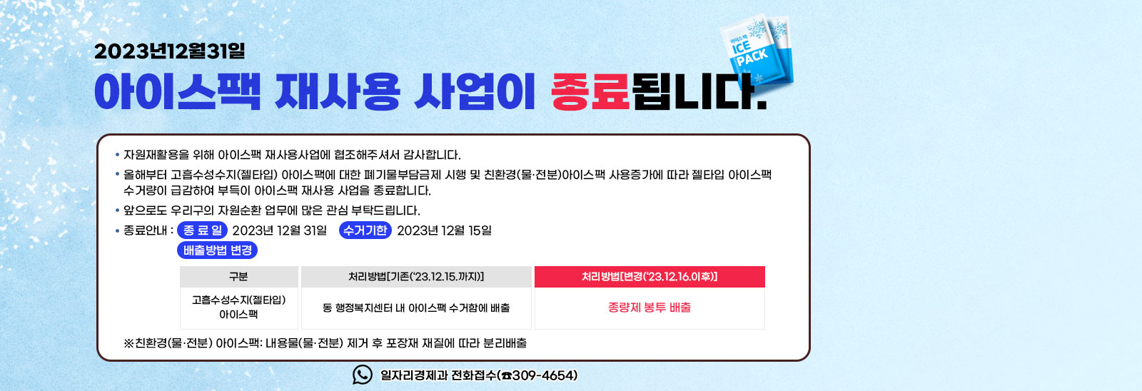 2023년12월31일  「아이스팩 재사용 사업이 종료됩니다.」
                 ▣ 자원재활용을 위해 아이스팩 재사용사업에 협조해주셔서 감사합니다.
                 ▣ 올해부터 고흡수성수지(젤타입) 아이스팩에 대한 폐기물부담금제 시행 및 친환경(물·전분)아이스팩 사용증가에 따라 젤타입 아이스팩 수거량이 급감하여 부득이 아이스팩 재사용 사업을 종료합니다.
                 ▣ 앞으로도 우리구의 자원순환 업무에 많은 관심 부탁드립니다.
                 ▣ 종료안내 - 종 료 일: 2023년 12월 31일 - 수거기한: 2023년 12월 15일 - 배출방법 변경/고흡수성수지(젤타입) 아이스팩-기존(‘23.12.15.까지) 동 행정복지센터 내 아이스팩 수거함에 배출/변경(‘23.12.16.이후)-종량제 봉투 배출/※친환경(물·전분) 아이스팩: 내용물(물·전분) 제거 후 포장재 재질에 따라 분리배출
                ▣ 문의 : 북구청 자원순환과 ☎309-4455 