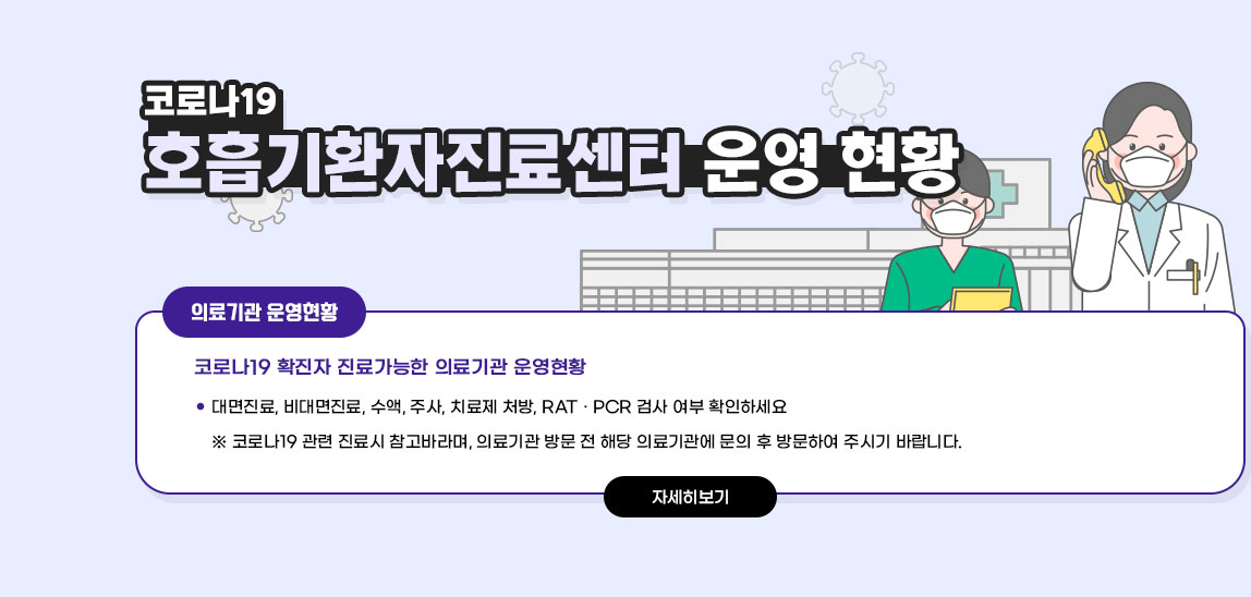 코로나19 호흡기환자진료센터 운영 현황 / ○ 코로나19 확진자 진료가능한 의료기관 운영현황 - 대면진료, 비대면진료, 수액, 주사, 치료제 처방, RAT · PCR 검사 여부 확인하세요 ※ 코로나19 관련 진료시 참고바라며,의료기관 방문 전 해당 의료기관에 문의 후 방문하여 주시기 바랍니다. 자세히보기