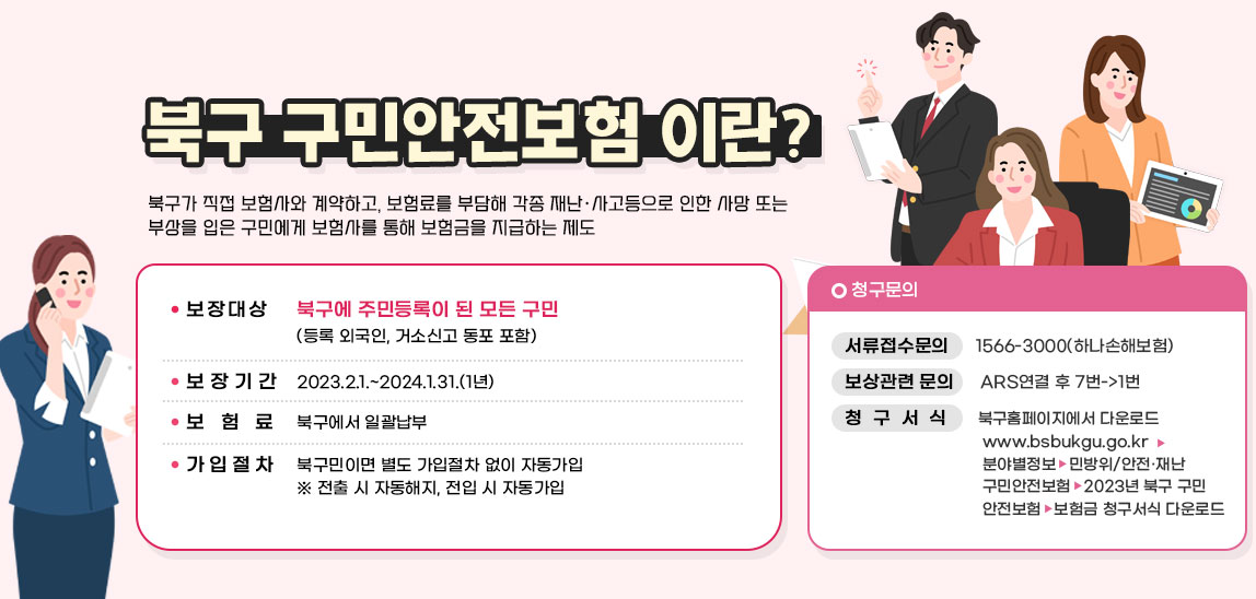 북구 구민안전보험 이란? 북구가 직접 보험사와 계약하고, 보험료를 부담해 각종 재난·사고등으로 인한 사망 또는 부상을 입은 구민에게 보험사를 통해 보험금을 지급하는 제도/보장대상 북구에 주민등록이 된 모든 구민 (등록 외국인, 거소신고 동포 포함)/ 보장기간 2023.2.1.~2024.1.31.(1년)/보험료 북구에서 일괄납부/가입절차 북구민이면 별도 가입절차 없이 자동가입 ※ 전출 시 자동해지, 전입 시 자동가입/청구문의 서류접수문의     1566-3000(하나손해보험)/보상관련 문의     ARS연결 후 7번->1번/청  구  서  식      북구홈페이지에서 다운로드www.bsbukgu.go.kr→분야별정보→민방위/안전·재난→구민안전보험→2023년 북구 구민안전보험→보험금 청구서식 다운로드 