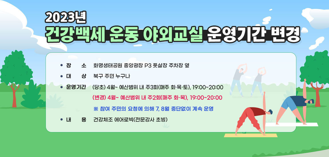 2023년 건강백세 운동 야외교실 운영기간 변경 ❍ 장    소 : 화명생태공원 중앙광장 P3 풋살장 주차장 옆 / ❍ 대    상 : 북구 주민 누구나 / ❍ 운영기간 : (당초) 4월~ 예산범위 내 주3회(매주 화·목·토), 19:00~20:00
                (변경) 4월~ 예산범위 내 주2회(매주 화·목), 19:00~20:00  ※ 참여 주민의 요청에 의해 7, 8월 중단없이 계속 운영 / ❍ 내    용 : 건강체조 에어로빅(전문강사 초빙)