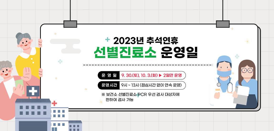 2023년 추석연휴 선별진료소 운영일/○ 운 영 일: 9. 30.(토), 10. 3.(화) ▶ 2일만 운영 ○ 운영시간: 9시 ~ 13시 (점심시간 없이 연속 운영)※ 보건소 선별진료소 PCR 우선 검사 대상자에 한하여 검사 가능
