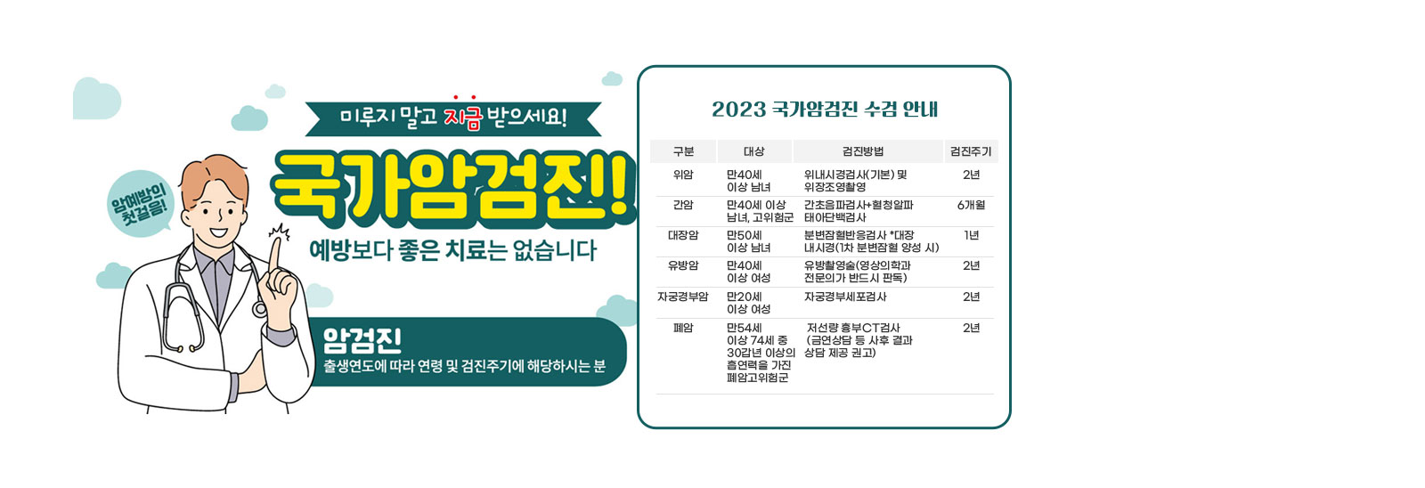  2023 국가암검진 수검 안내/위  암-만40세 이상 남녀/위내시경검사(기본) 및 위장조영촬영/2년/간암-만40세 이상 남녀, 고위험군/
                             간초음파검사+혈청알파태아단백검사/6개월
                            대장암-만50세 이상 남녀/분변잠혈반응검사 *대장내시경(1차 분변잠혈 양성 시)/1년 /
                            유방암-만40세 이상 여성/ 유방촬영술(영상의학과 전문의가 반드시 판독)/2년 /
                            자궁경부암-만20세 이상 여성/자궁경부세포검사/2년 /
                            폐암-만54세 이상 74세 중 30갑년 이상의 흡연력을 가진 폐암고위험군/저선량 흉부CT검사/ (금연상담 등 사후 결과 상담 제공 권고)/ 2년