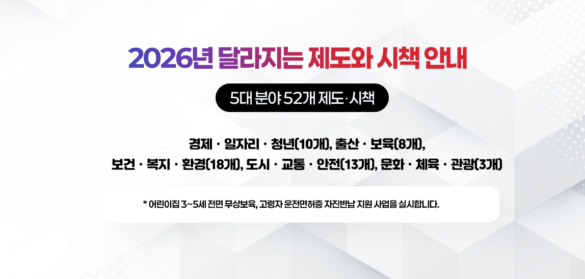 2026년 달라지는 제도와 시책 안내
                            5대 분야 52개 제도․시책
                            경제ㆍ일자리ㆍ청년(10개), 출산ㆍ보육(8개), 보건ㆍ복지ㆍ환경(18개),
                            도시ㆍ교통ㆍ안전(13개), 문화ㆍ체육ㆍ관광(3개)
                            * 어린이집 3~5세 전면 무상보육, 고령자 운전면허증 자진반납 지원 사업을
                            실시합니다.