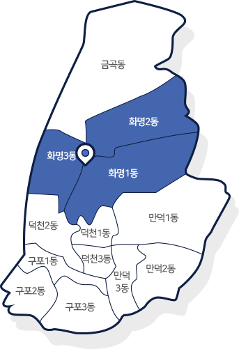 북구지도에서 금곡동,화명1동,화명2동,화명3동,덕천1동,덕천2동,덕천3동,만덕1동,만덕2동,만덕3동,구포1동,구포2동 ,구포3동 나타냅니다. 지도에서 화명1동,화명2동,화명3동은 파란색으로 표시되어있습니다.