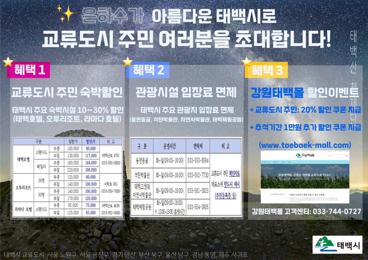 2023년 국내 교류도시 주민대상 태백시 관광시설 입장료 면제 혜택 지원