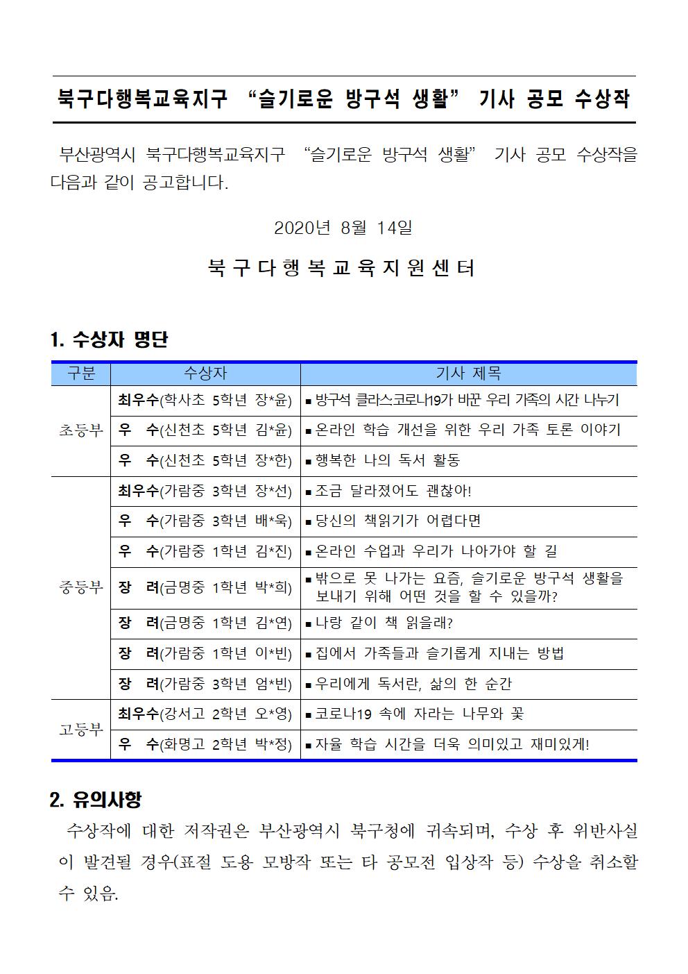 슬기로운 방구석 생활 기사 공모 수상자 공고