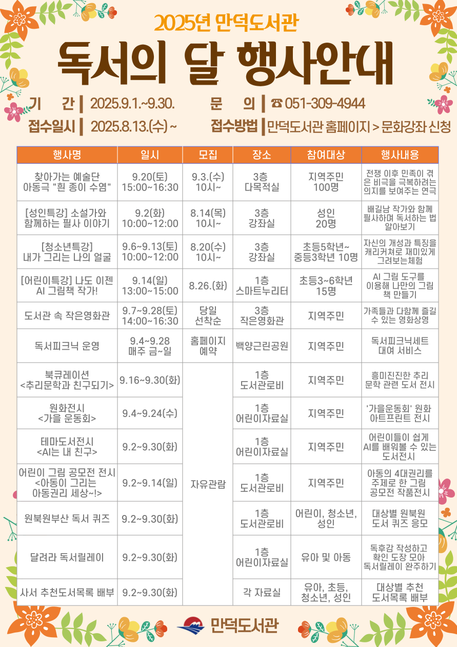 2025년 만덕도서관 독서의 달 행사 안내