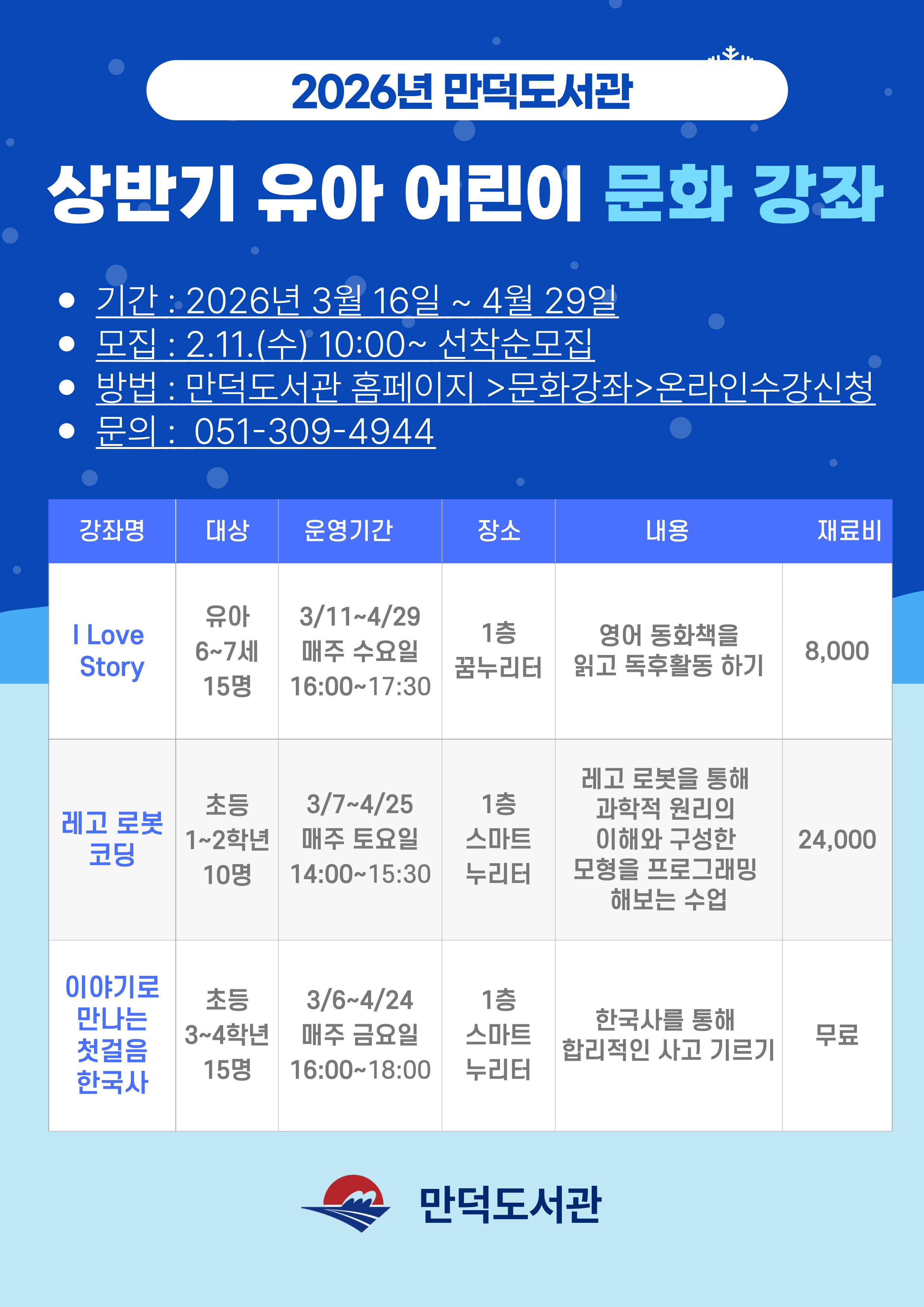 2026년 만덕도서관 상반기 유아 및 어린이 강좌 모집 안내