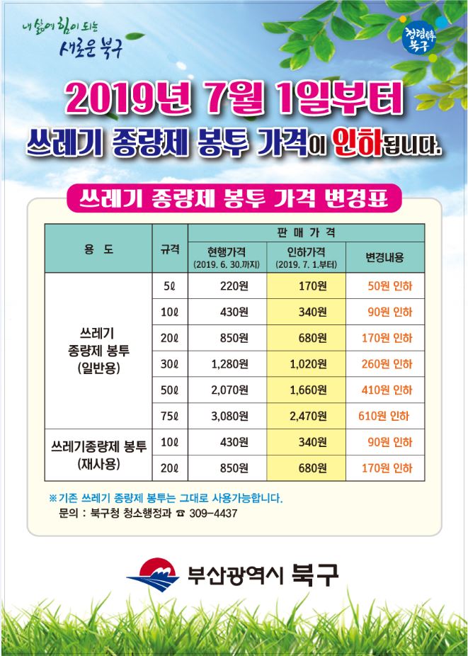 쓰레기 종량제봉투 가격 인하 안내(2019년 7월 1일 기준)