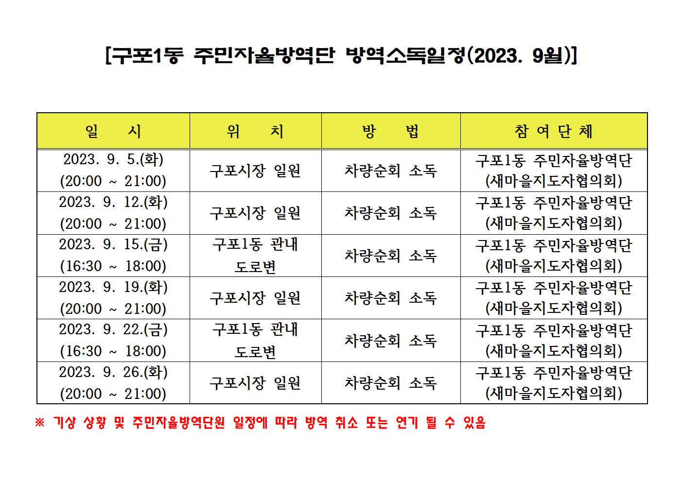 보건소 및 구포1동 방역소독일정 알림(2023. 9월)