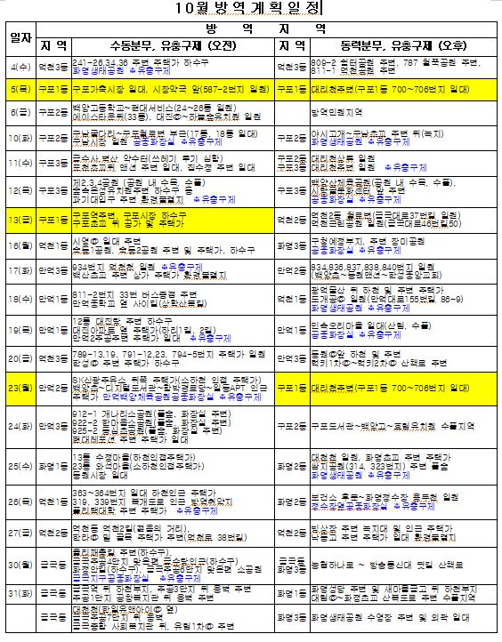 2023년 10월 구포1동 방역소독 일정 알림