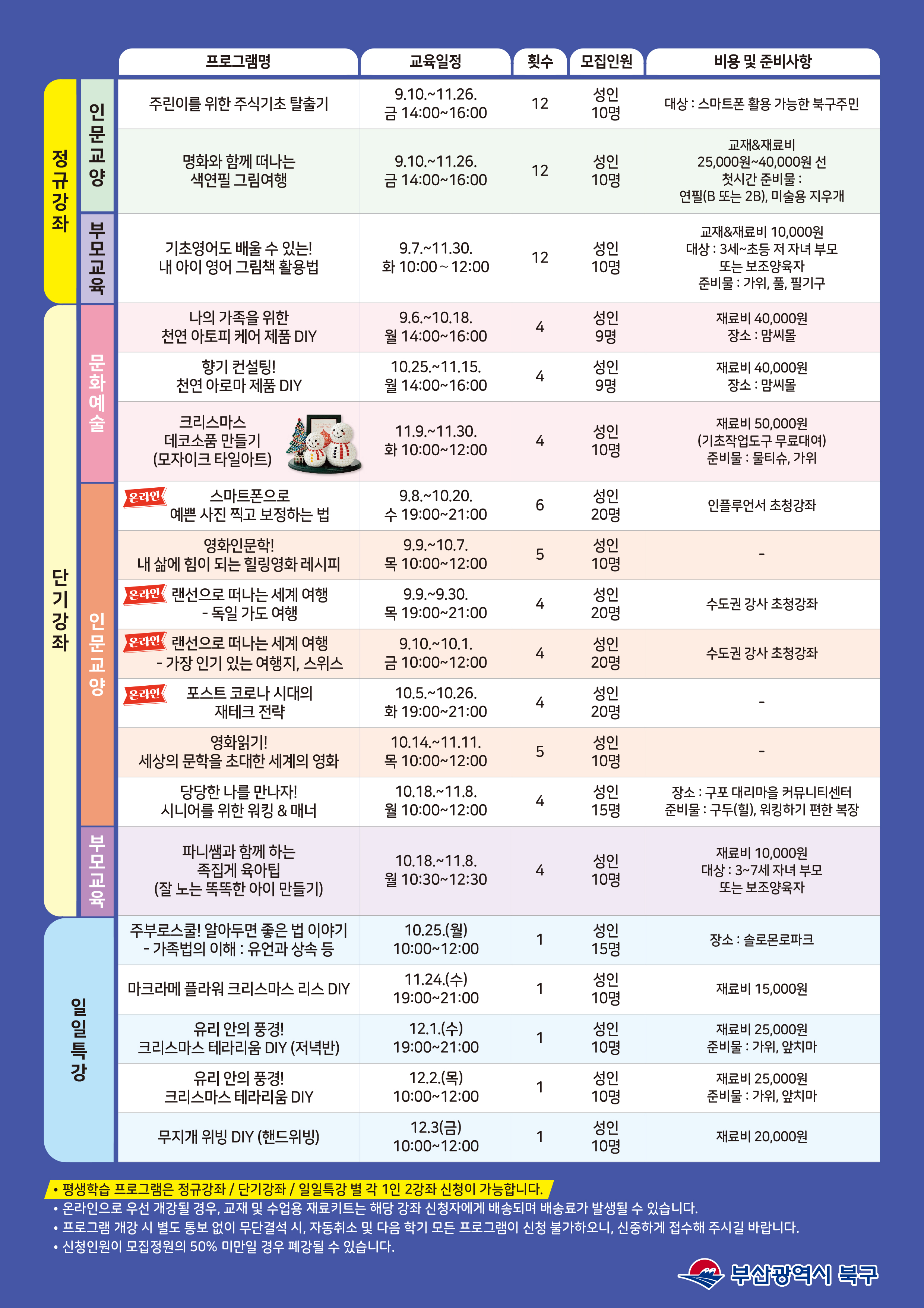 <2021년 하반기 북구 평생학습관 프로그램 안내>