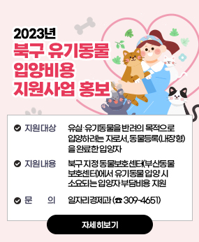 2023년 북구 유기동물 입양비용 지원사업 홍보
○ 지원대상 : 유실?유기동물을 반려의 목적으로 입양하려는 자로서, 동물등록(내장형)을 완료한 입양자 
 ○ 지원내용 : 북구 지정 동물보호센터(부산동물보호센터)에서 유기동물 입양 시 소요되는 입양자 부담비용 지원
 ○ 문    의 : 일자리경제과 (☎ 309-4651)