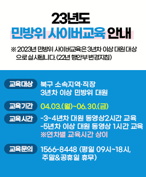 23년도 민방위 사이버교육 안내
※ 2023년 민방위 사이버교육은 3년차 이상 대원 대상으로 실시됩니다. (22년 행안부 변경지침)
교육대상-북구 소속지역·직장 3년차 이상 민방위 대원/교육기간-04.03.(월)~06.30.(금)/교육시간--3~4년차 대원 동영상2시간 교육
-5년차 이상 대원 동영상 1시간 교육※연차별 교육시간 상이/교육문의-1566-8448(평일 09시~18시, 주말&공휴일 휴무)