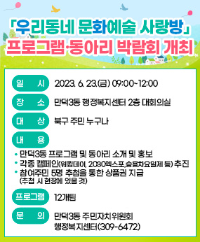 『우리동네 문화예술 사랑방』프로그램‧동아리 박람회 개최
○ 일    시 : 2023. 6. 23.(금) 09:00~12:00
 ○ 장    소 : 만덕3동 행정복지센터 2층 대회의실
 ○ 대    상 : 북구 주민 누구나
 ○ 내    용 
  - 만덕3동 프로그램 및 동아리 소개 및 홍보 
  - 각종 캠페인(워킹데이, 2030엑스포, 승용차요일제 등) 추진
  - 참여주민 5명 추첨을 통한 상품권 지급(추첨 시 현장에 있을 것)
 ○ 프로그램 : 12개팀 
 ○ 문    의 : 만덕3동 주민자치위원회 ‧ 행정복지센터(309-6472)