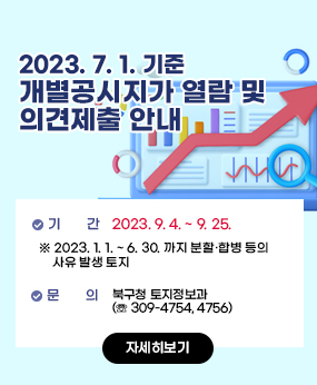 2023. 7. 1. 기준 
개별공시지가 열람 및 의견제출 안내
    기   간 : 2023. 9. 4. ~ 9. 25.
     ※ 2023. 1. 1. ~ 6. 30. 까지 분할·합병 등의 사유 발생 토지
    문   의 : 북구청 토지정보과(☏ 309-4754, 4756)