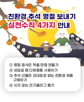 친환경 추석 명절 보내기 실천수칙 4가지 안내

 ① 명절 음식은 먹을 만큼 만들기
 ② 성묘갈 때 다회용품 사용하기
 ③ 추석 선물은 과대포장 없는 친환경 제품 구매하기
 ④ 쓰지 않는 전기플러그 뽑기