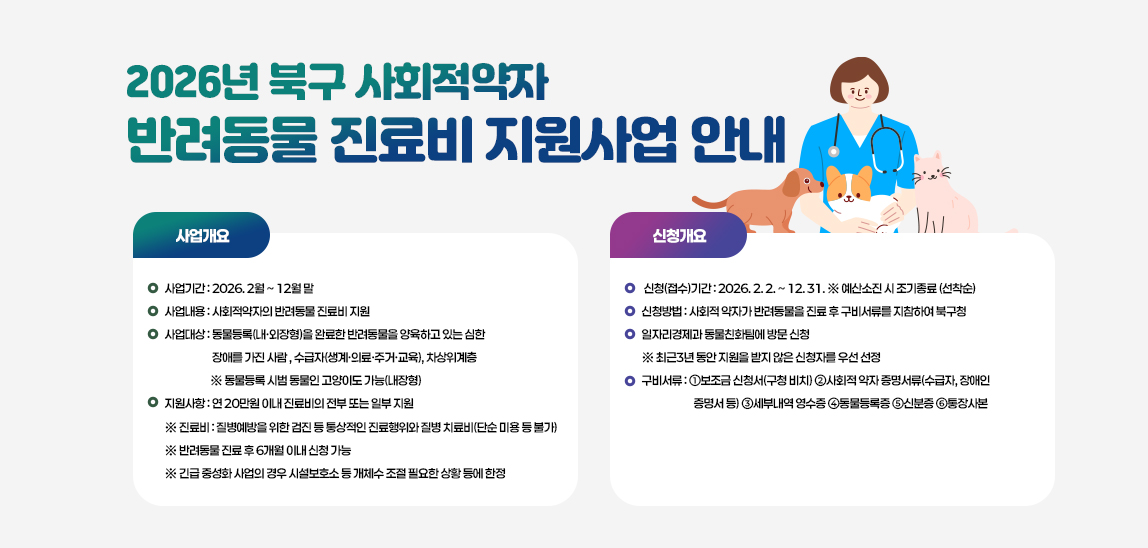 2026년 북구 사회적약자 반려동물 진료비 지원사업 안내/사업개요
                            - 사업기간 : 2026. 2월 ~ 12월 말
                            - 사업내용 : 사회적약자의 반려동물 진료비 지원
                            - 사업대상 : 동물등록(내·외장형)을 완료한 반려동물을 양육하고 있는 심한
                            장애를 가진 사람 , 수급자(생계·의료·주거·교육), 차상위계층
                            ※ 동물등록 시범 동물인 고양이도 가능(내장형)
                            - 지원사항 : 연 20만원 이내 진료비의 전부 또는 일부 지원
                            ※ 진료비 : 질병예방을 위한 검진 등 통상적인 진료행위와 질병 치료비(단순 미용 등 불가)
                            ※ 반려동물 진료 후 6개월 이내 신청 가능
                            ※ 긴급 중성화 사업의 경우 시설보호소 등 개체수 조절 필요한 상황 등에 한정
                            신청개요
                            - 신청(접수)기간 : 2026. 2. 2. ~ 12. 31. ※ 예산소진 시 조기종료 (선착순)
                            - 신청방법 : 사회적 약자가 반려동물을 진료 후 구비서류를 지참하여 북구청
                            일자리경제과 동물친화팀에 방문 신청
                            ※ 최근3년 동안 지원을 받지 않은 신청자를 우선 선정
                            - 구비서류 : ①보조금 신청서(구청 비치) ②사회적 약자 증명서류(수급자, 장애인
                            증명서 등) ③세부내역 영수증 ④동물등록증 ⑤신분증 ⑥통장사본