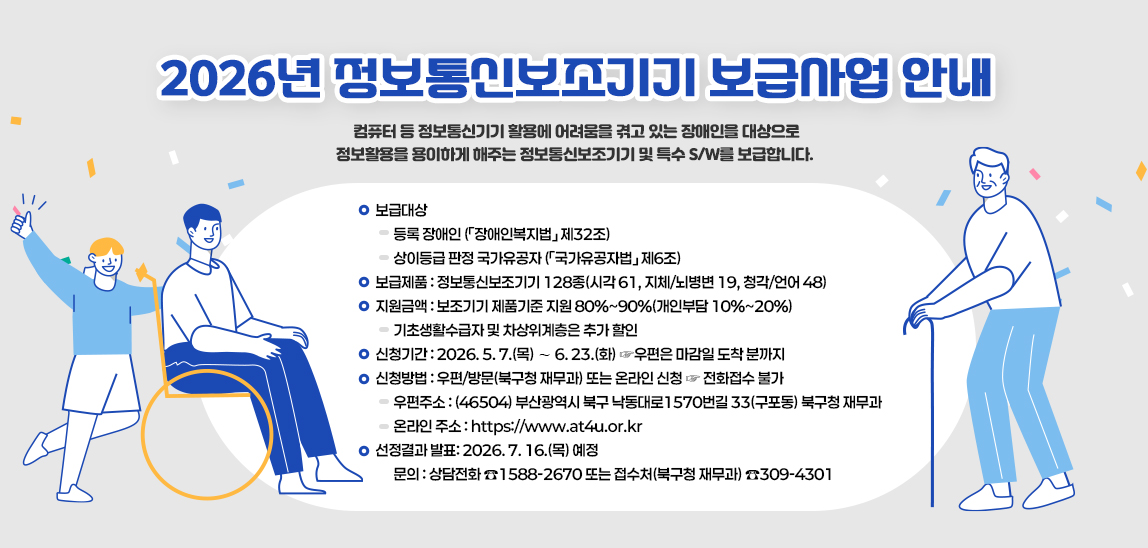 << 2026년 정보통신보조기기 보급사업 안내>> 

컴퓨터 등 정보통신기기 활용에 어려움을 겪고 있는 장애인을 대상으로 정보활용을 용이하게 해주는 정보통신보조기기 및 특수 S/W를 보급합니다. 

○ 보급대상 
▷ 등록 장애인(「장애인복지법」 제32조) 
▷ 상이등급 판정 국가유공자(「국가유공자법」 제6조) 
○ 보급제품 : 정보통신보조기기 128종(시각 61, 지체/뇌병변 19, 청각/언어 48) 
○ 지원금액 : 보조기기 제품기준 지원 80%~90%(개인부담 10%~20%) 
- 기초생활수급자 및 차상위계층은 추가 할인 
○ 신청기간 : 2026. 5. 7.(목) ∼ 6. 23.(화) ☞우편은 마감일 도착 분까지 
○ 신청방법 : 우편/방문(북구청 재무과) 또는 온라인 신청 ☞ 전화접수 불가 
- 우편주소 : (46504)부산광역시 북구 낙동대로1570번길 33(구포동) 북구청 재무과 
- 온라인 주소 : https://www.at4u.or.kr 
○ 선정결과 발표: 2026. 7. 16.(목) 예정 
※ 문의 : 상담전화 ☎1588-2670 또는 접수처(북구청 재무과) ☎309-4301