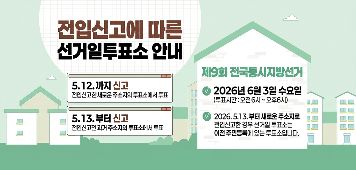 전입신고에 따른 선거일 투표소 안내
5. 12.까지 신고: 전입신고한 새로운 주소지의 투표소에서 투표
5. 13.부터 신고: 전입신고전 과거 주소지의 투표소에서 투표
제 9회 전국동시지방선거
-2026년 6월 3일 수요일 (투표시간 : 오전 6시~오후 6시)
-2026 5. 13.부터 새로운 주소지로 전입신고한 경우 선거일 투표소는 이전 주민등록에 있는 투표소입니다.