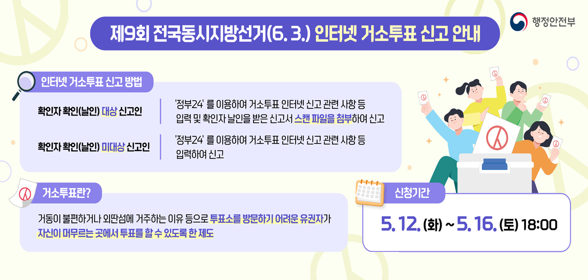 - 신청기간 : 2026. 5. 12.(화) ~ 5. 16.(토) 18:00
- 신청방법 : 방문 및 우편의 경우 동행정복지센터, 구청/ 인터넷(정부24)
- 인터넷 신청주소
 : https://www.gov.kr/portal/service/serviceInfo/174100000067 
 ※ 정부24 인터넷 신고 접수 활성화는 5.12.(화) 00시에 시작함을 안내