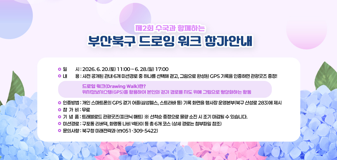 [제2회 수국과 함께하는 트래블로드 주간 행사 연계 프로그램] 
 수국과 함께하는 드로잉 워크(Drawing Walk) 참가 안내 
 〇 일  시 : 2026. 6. 20.(토) 11:00 ~ 6. 28.(일) 17:00
 〇 내 용 : 사전 공개된 관내 6개 미션경로 중 하나를 선택해 걷고, 그림으로 완성된 GPS 기록을 인증하면 관광굿즈 증정! 

• 드로잉 워크(Drawing Walk)란? : 위치정보시스템(GPS)을 활용하여 본인의 걷기 경로를 지도 위에 그림으로 형상화하는 활동 

 〇 인증방법 : 개인 스마트폰의 GPS 걷기 어플(삼성헬스, 스트라바 등) 기록 화면을 행사장 운영본부(북구 산성로 283)에 제시 
 〇 참가비 : 무료
 〇 기념품 : 트래블로드 관광굿즈(피크닉 매트) ※ 선착순 증정으로 물량 소진 시 조기 마감될 수 있습니다. 
 〇 미션경로 : 구포동 리버덕, 화명동 나비 넥타이 등 총 6개 코스 (상세 경로는 첨부파일 참조)
 〇 문의사항 : 북구청 미래전략과(☏051-309-5422)
